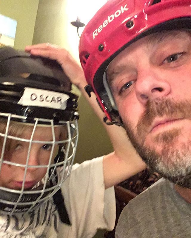 Helmets on. Going through last years hockey equipment. I'm hoping for a cheap year.
